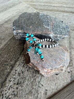 Turquoise Beaded Silver Stretch Ring - Women Jewelry